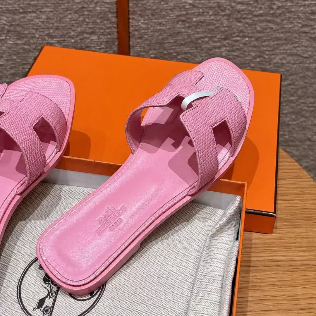 Hermes Oran Sandal Women Shiny Java Lizard Rose Sakura - Image 18
