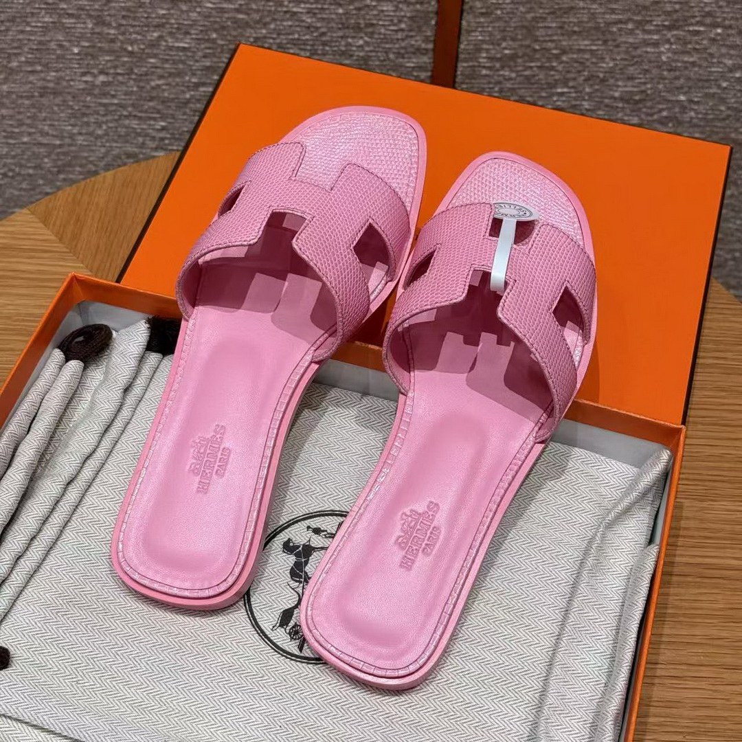 Hermes Oran Sandal Women Shiny Java Lizard Rose Sakura - Image 17