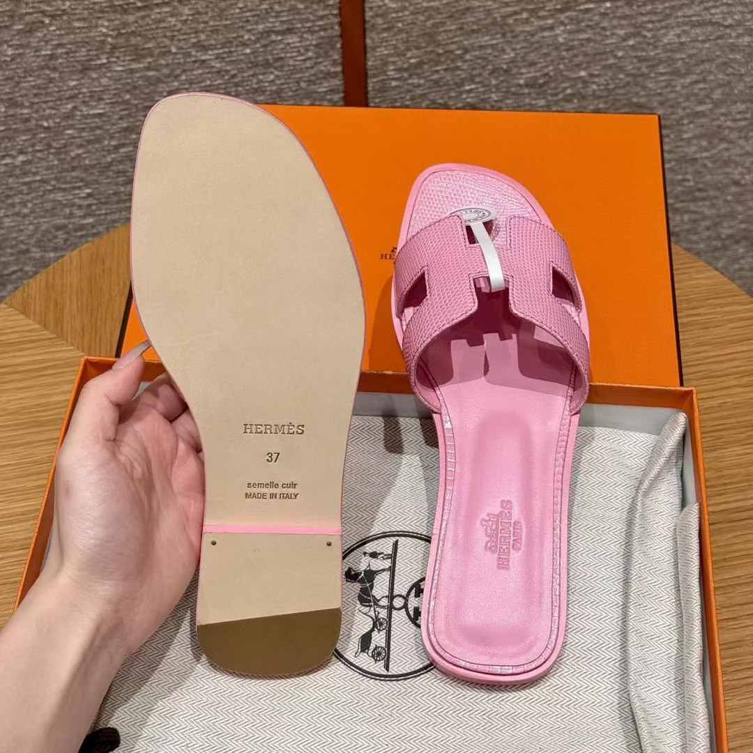 Hermes Oran Sandal Women Shiny Java Lizard Rose Sakura - Image 16