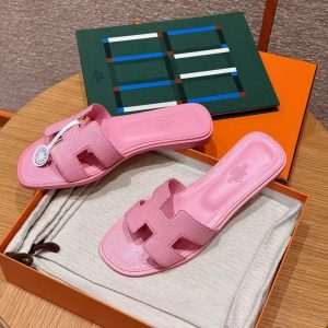 Hermes Oran Sandal Women Shiny Java Lizard Rose Sakura - Image 8