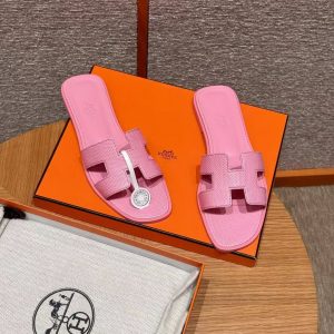 Hermes Oran Sandal Women Shiny Java Lizard Rose Sakura - Image 6