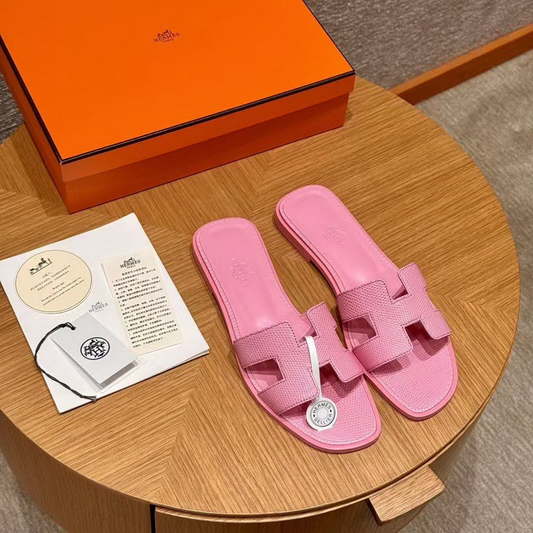 Hermes Oran Sandal Women Shiny Java Lizard Rose Sakura - Image 5