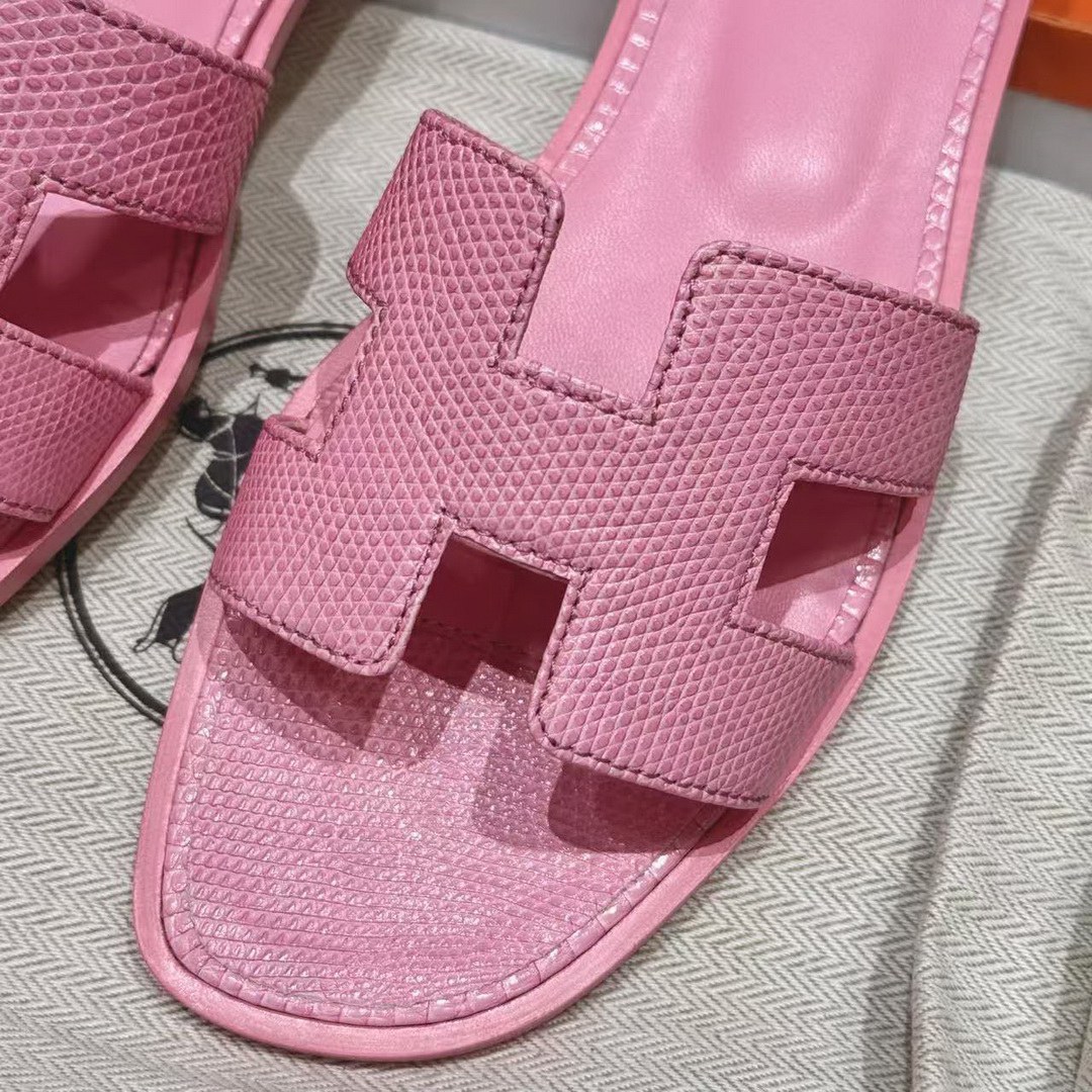 Hermes Oran Sandal Women Shiny Java Lizard Rose Sakura - Image 4