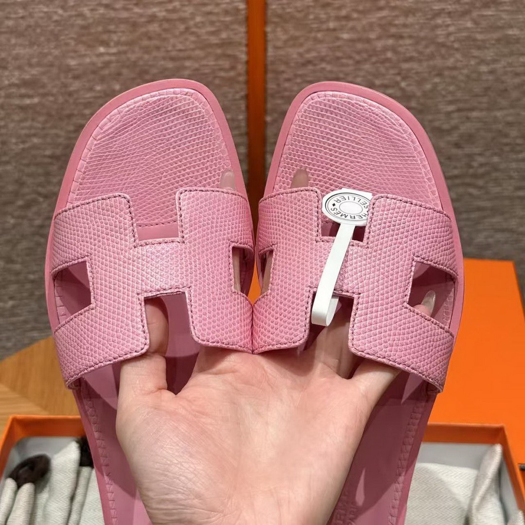 Hermes Oran Sandal Women Shiny Java Lizard Rose Sakura - Image 3