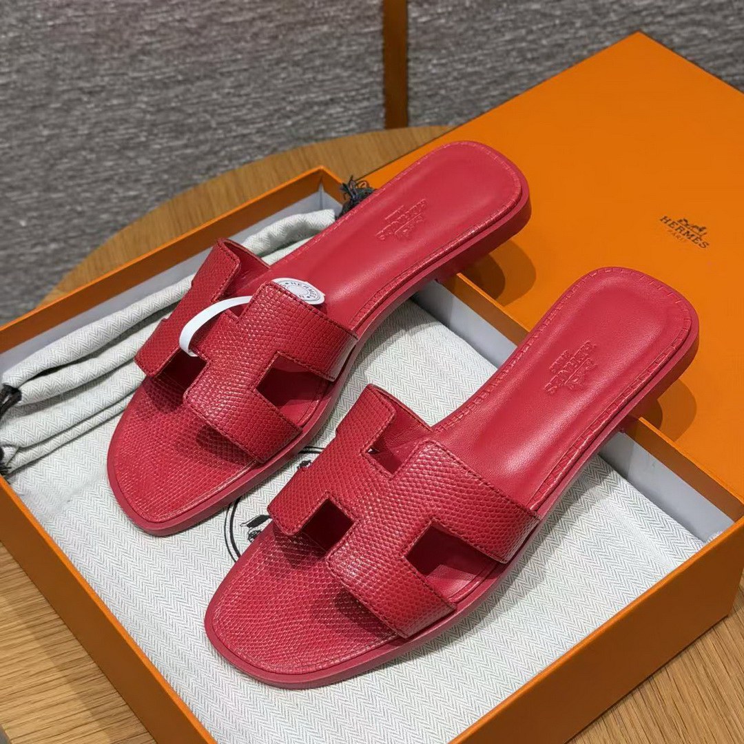 Hermes Oran Sandal Women Shiny Java Lizard Rouge Cinétique H242281Z U7350
