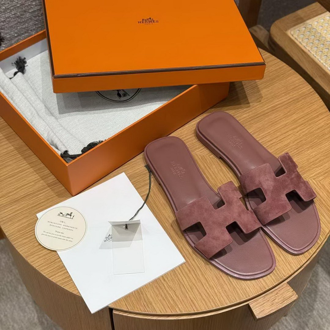 Hermes Oran Sandal Women Suede Goatskin Vintage Rose Color - Image 2