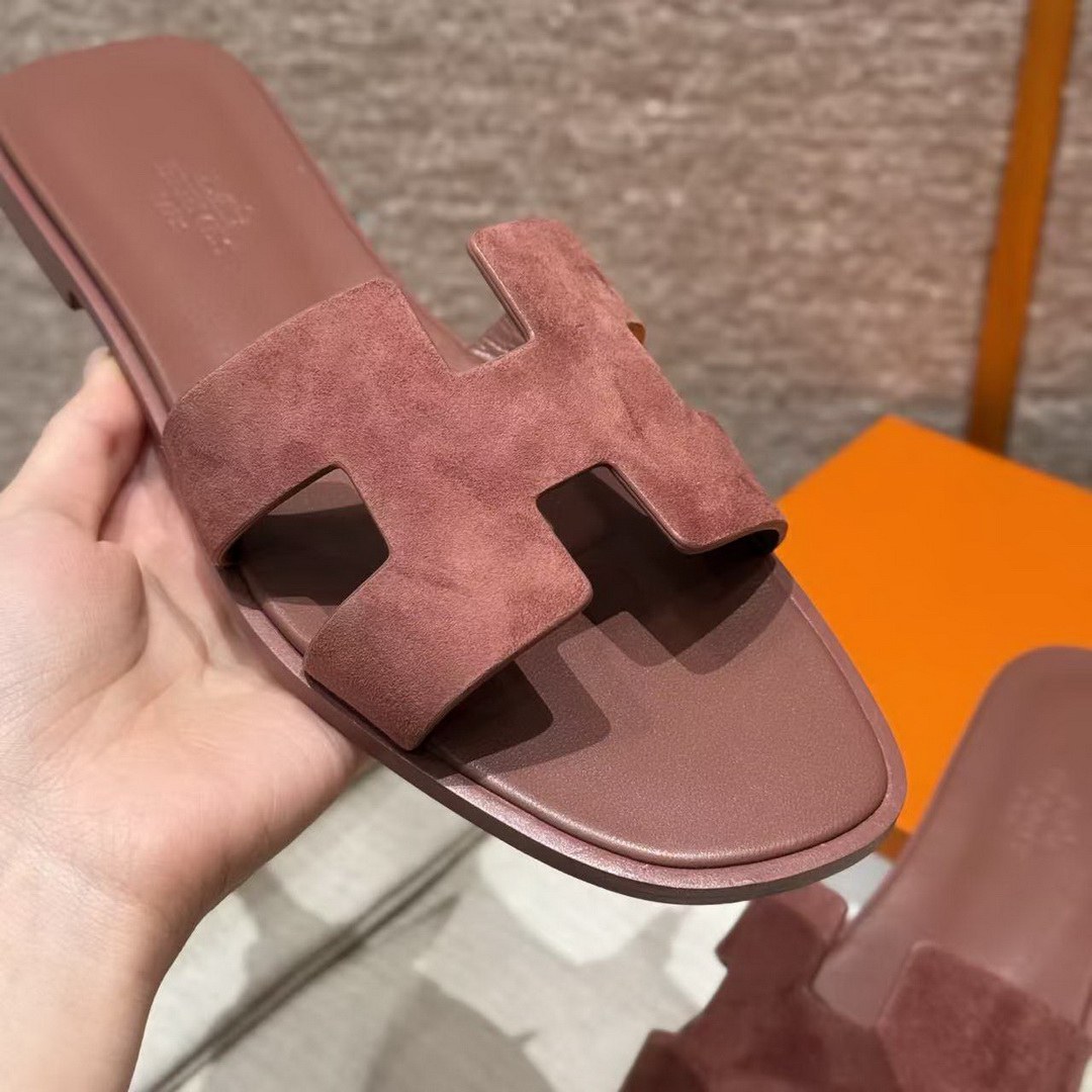 Hermes Oran Sandal Women Suede Goatskin Vintage Rose Color - Image 14