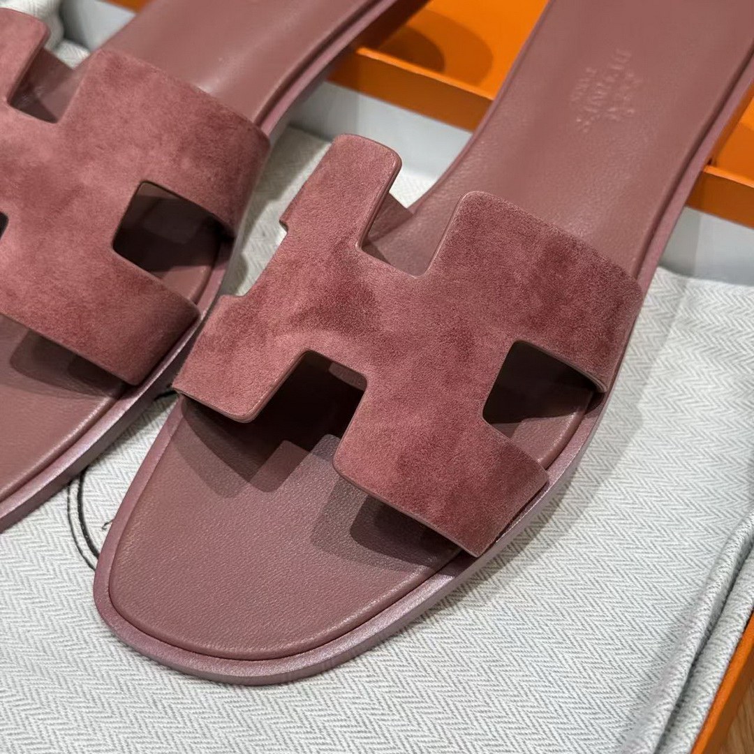 Hermes Oran Sandal Women Suede Goatskin Vintage Rose Color - Image 13