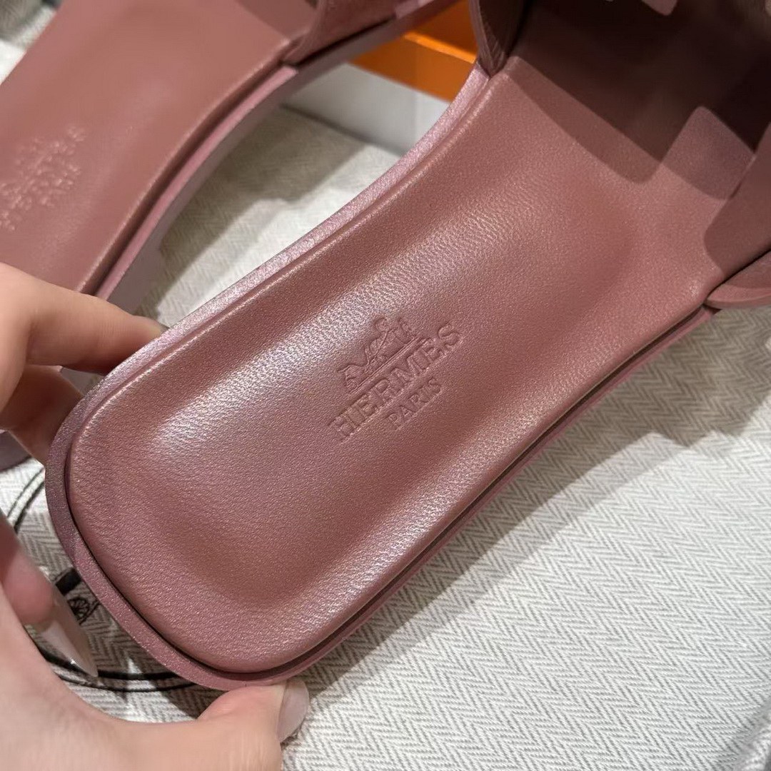 Hermes Oran Sandal Women Suede Goatskin Vintage Rose Color - Image 11