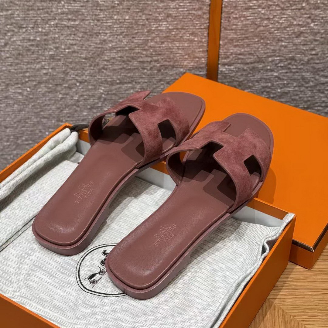 Hermes Oran Sandal Women Suede Goatskin Vintage Rose Color - Image 9