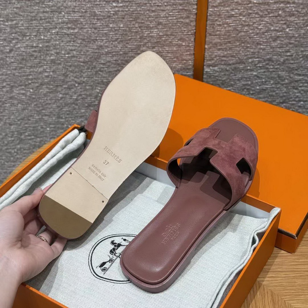 Hermes Oran Sandal Women Suede Goatskin Vintage Rose Color - Image 7