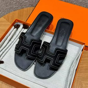 Hermes Oran Sandal Women Swift Calfskin Blanc Noir