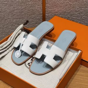 Hermes Oran Sandal Women Swift Calfskin Bleu Glacier White