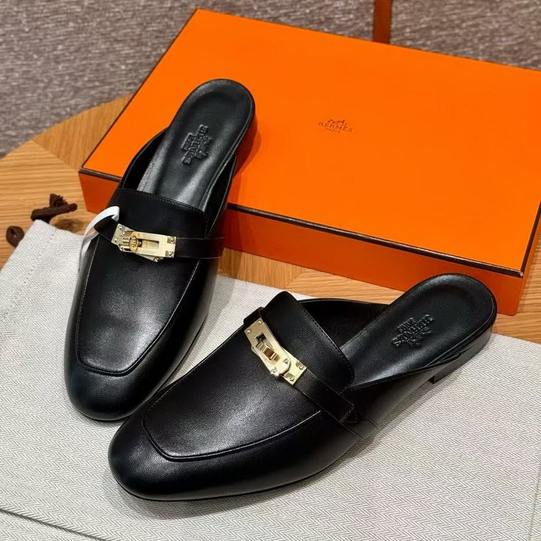Hermes Oz Mule Women Calfskin Gold Kelly Buckle Noir H221081Z 02350 - Image 9
