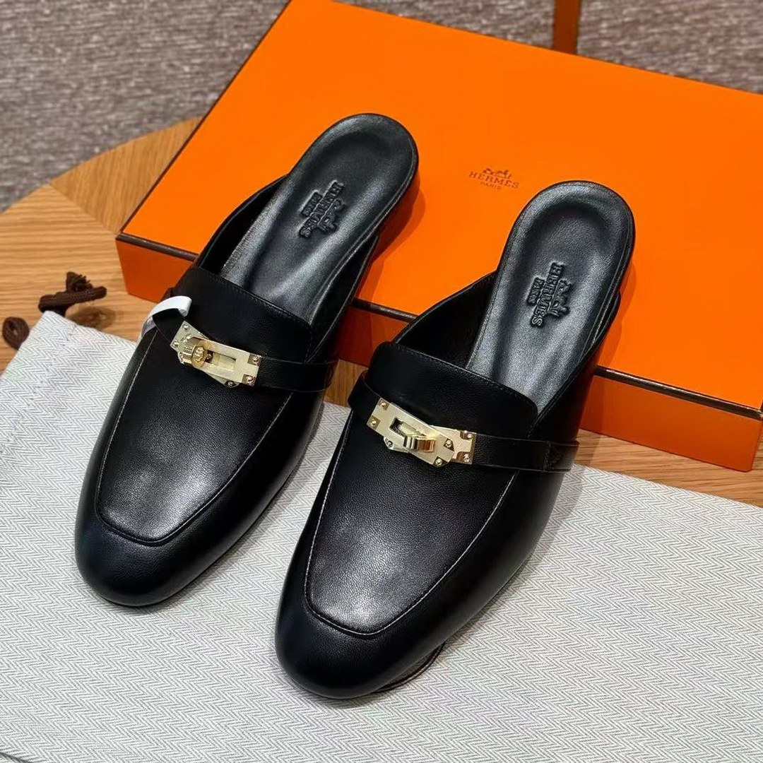 Hermes Oz Mule Women Calfskin Gold Kelly Buckle Noir H221081Z 02350 - Image 8
