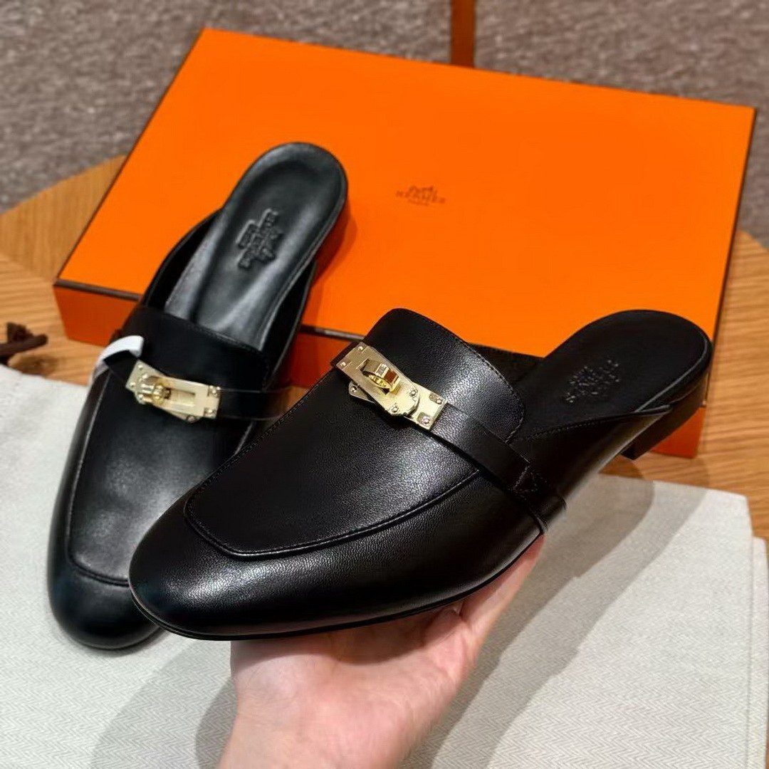 Hermes Oz Mule Women Calfskin Gold Kelly Buckle Noir H221081Z 02350 - Image 7
