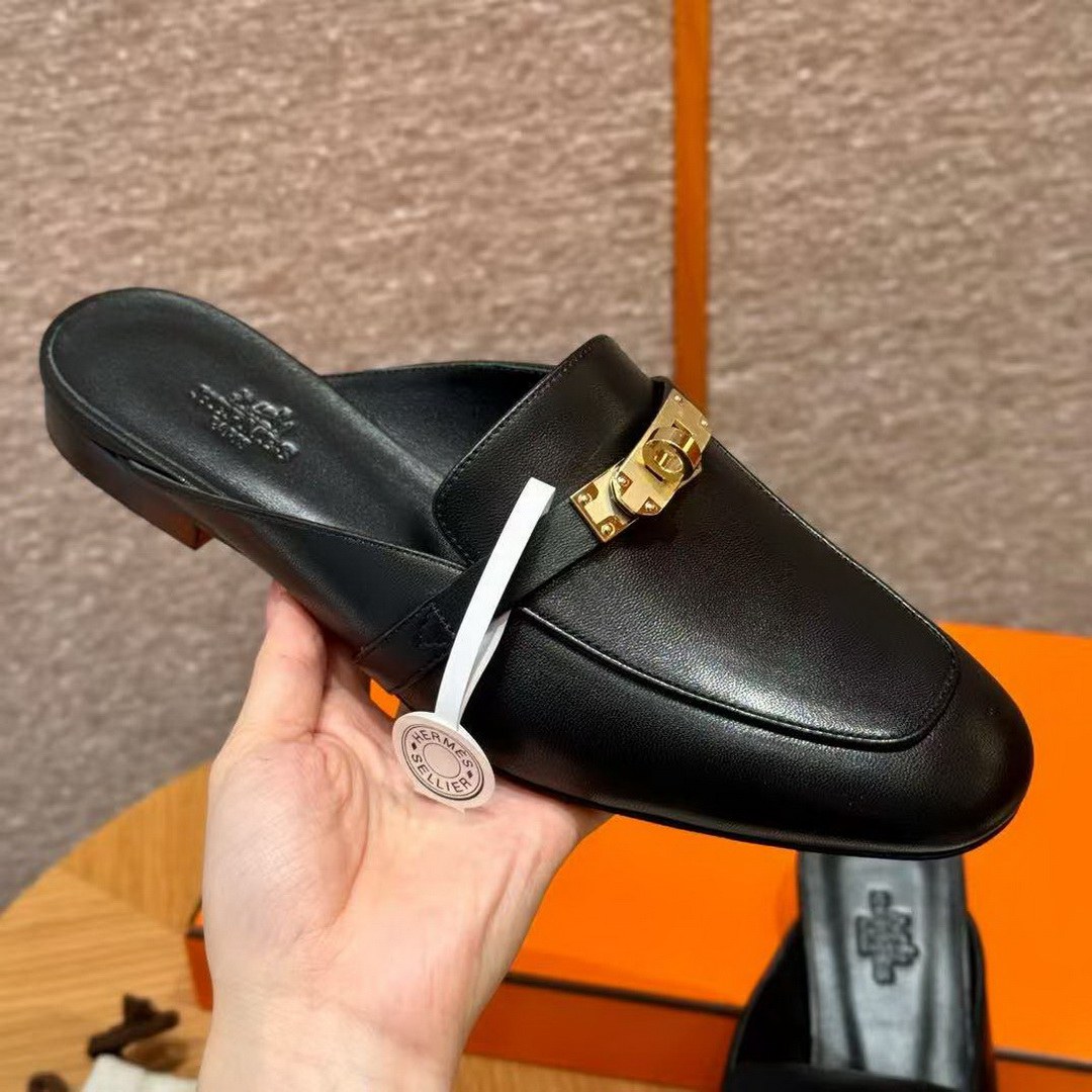 Hermes Oz Mule Women Calfskin Gold Kelly Buckle Noir H221081Z 02350 - Image 6