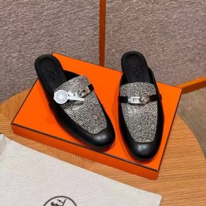 Hermes Oz Mule Women Calfskin Natura Lizard Sliver Kelly Buckle Noir Ombre H241243Z 02350 - Image 4