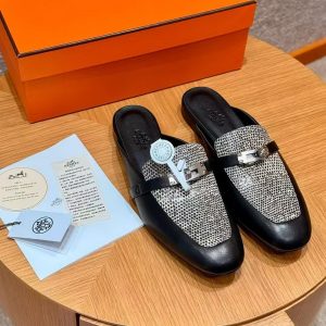 Hermes Oz Mule Women Calfskin Natura Lizard Sliver Kelly Buckle Noir Ombre H241243Z 02350 - Image 3