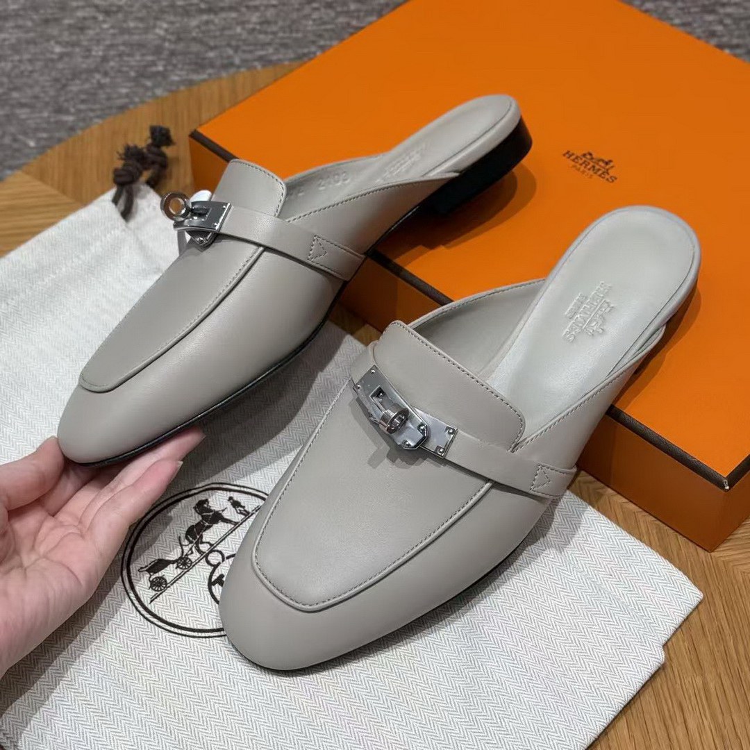 Hermes Oz Mule Women Calfskin Sliver Kelly Buckle Beige Nomade H232120Z 32365 - Image 12