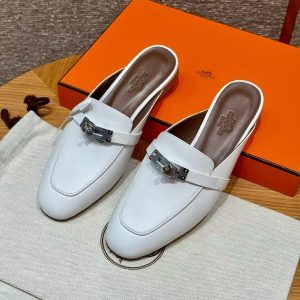 Hermes Oz Mule Women Calfskin Sliver Kelly Buckle Blanc H212296Z 02340 - Image 8