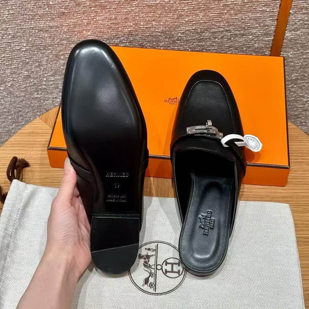 Hermes Oz Mule Women Calfskin Sliver Kelly Buckle Noir H212295Z 01340 - Image 13