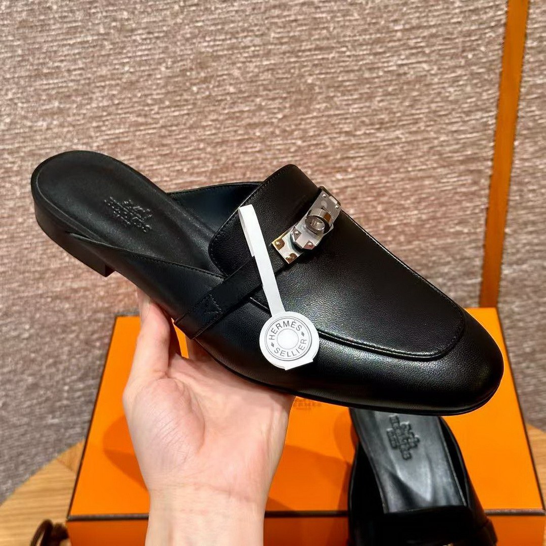 Hermes Oz Mule Women Calfskin Sliver Kelly Buckle Noir H212295Z 01340 - Image 9