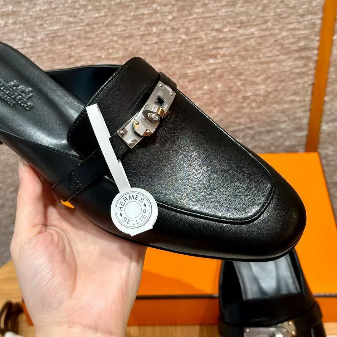 Hermes Oz Mule Women Calfskin Sliver Kelly Buckle Noir H212295Z 01340 - Image 8
