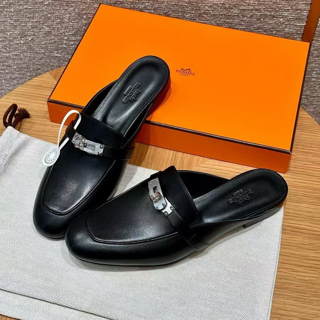 Hermes Oz Mule Women Calfskin Sliver Kelly Buckle Noir H212295Z 01340 - Image 7