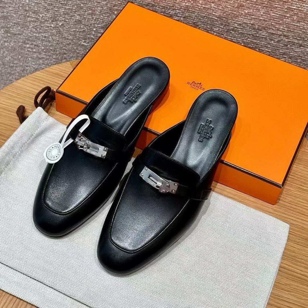 Hermes Oz Mule Women Calfskin Sliver Kelly Buckle Noir H212295Z 01340 - Image 6