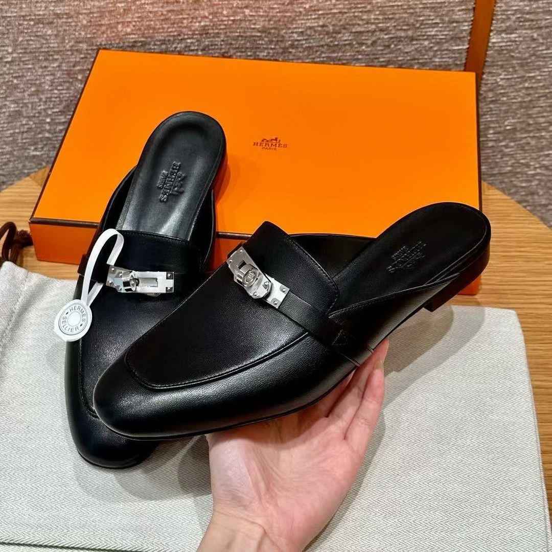 Hermes Oz Mule Women Calfskin Sliver Kelly Buckle Noir H212295Z 01340 - Image 4