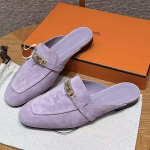 Hermes Oz Mule Women Suede Goatskin Gold Kelly Buckle Violet Glycine H241066Z VY355 - Image 12