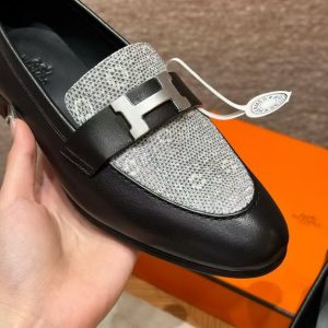 Hermes Paris Loafer Women Calfskin Natura Lizard Sliver Buckle Noir Ombre H232189Z 02355 - Image 14