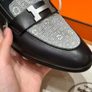 Hermes Paris Loafer Women Calfskin Natura Lizard Sliver Buckle Noir Ombre H232189Z 02355 - Image 10