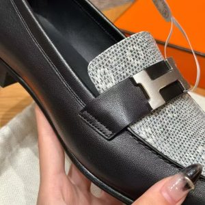 Hermes Paris Loafer Women Calfskin Natura Lizard Sliver Buckle Noir Ombre H232189Z 02355 - Image 9