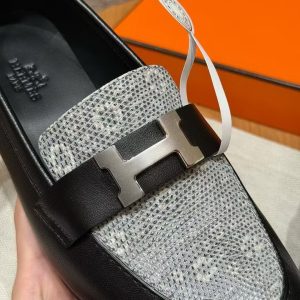 Hermes Paris Loafer Women Calfskin Natura Lizard Sliver Buckle Noir Ombre H232189Z 02355 - Image 8