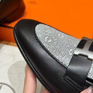 Hermes Paris Loafer Women Calfskin Natura Lizard Sliver Buckle Noir Ombre H232189Z 02355 - Image 7