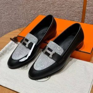 Hermes Paris Loafer Women Calfskin Natura Lizard Sliver Buckle Noir Ombre H232189Z 02355 - Image 6