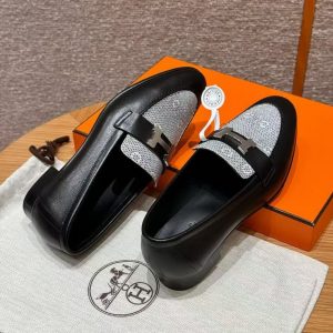 Hermes Paris Loafer Women Calfskin Natura Lizard Sliver Buckle Noir Ombre H232189Z 02355 - Image 5