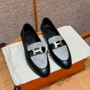 Hermes Paris Loafer Women Calfskin Natura Lizard Sliver Buckle Noir Ombre H232189Z 02355 - Image 3