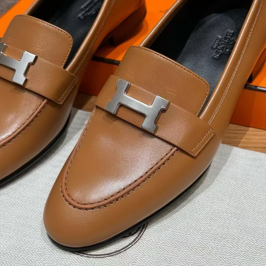 Hermes Paris Loafer Women Goatskin Sliver Buckle Naturel H172108Z A3360 - Image 9