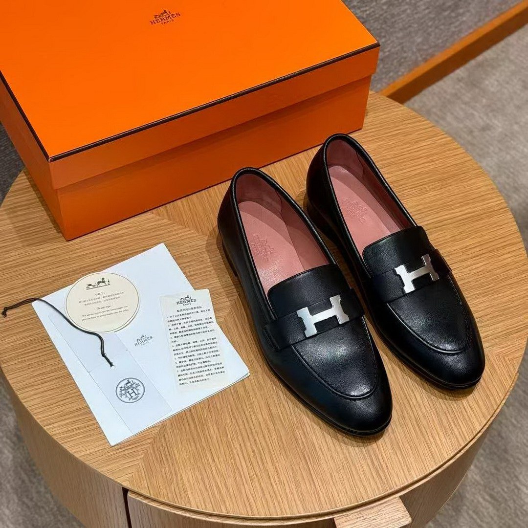 Hermes Paris Loafer Women Goatskin Sliver Buckle Noir H201199Z 01340 - Image 2