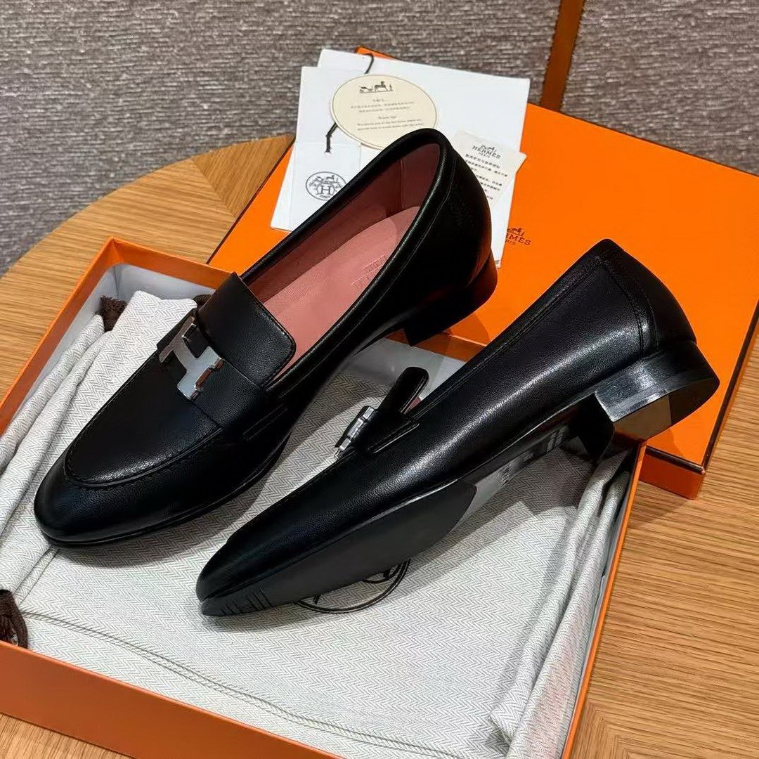 Hermes Paris Loafer Women Goatskin Sliver Buckle Noir H201199Z 01340 - Image 14