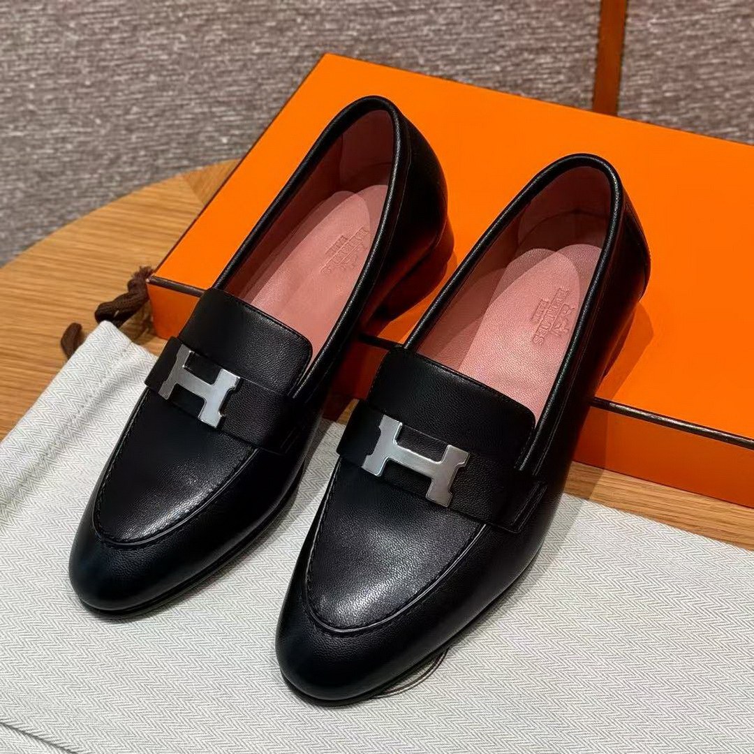 Hermes Paris Loafer Women Goatskin Sliver Buckle Noir H201199Z 01340 - Image 13