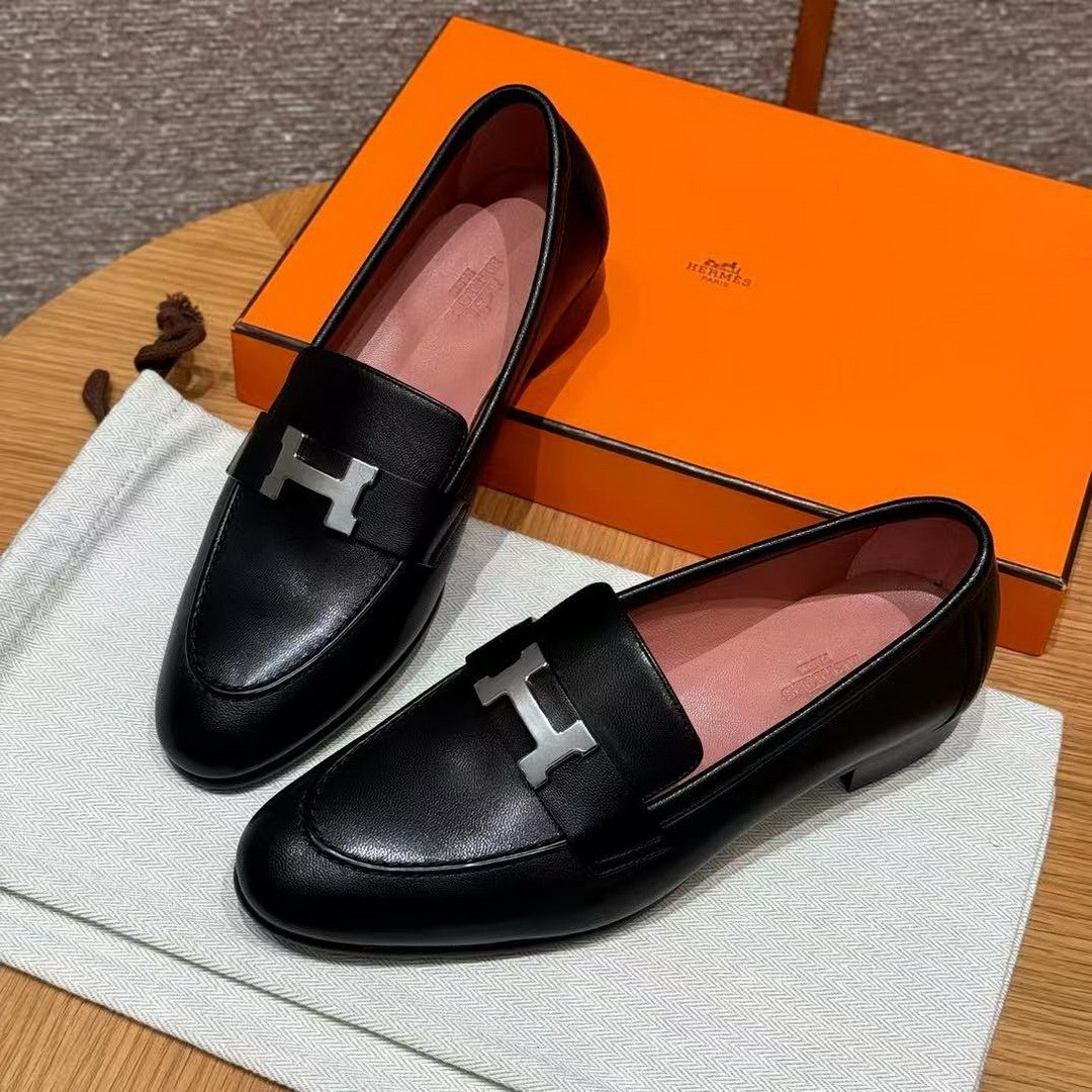Hermes Paris Loafer Women Goatskin Sliver Buckle Noir H201199Z 01340 - Image 12