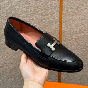 Hermes Paris Loafer Women Goatskin Sliver Buckle Noir H201199Z 01340 - Image 11