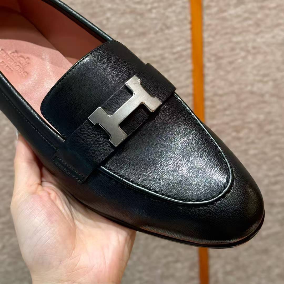 Hermes Paris Loafer Women Goatskin Sliver Buckle Noir H201199Z 01340 - Image 10