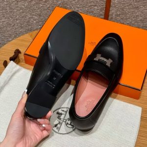 Hermes Paris Loafer Women Goatskin Sliver Buckle Noir H201199Z 01340 - Image 5