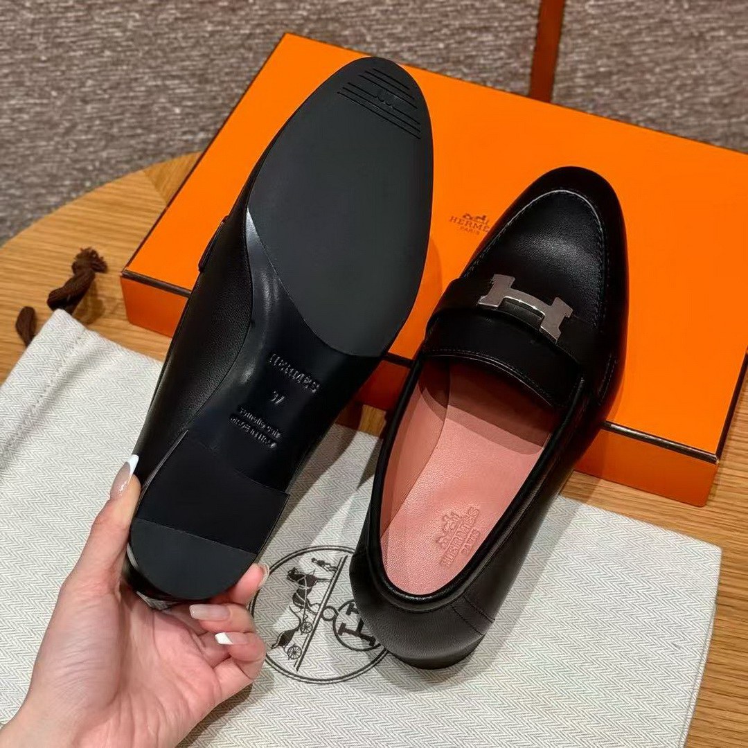 Hermes Paris Loafer Women Goatskin Sliver Buckle Noir H201199Z 01340 - Image 5