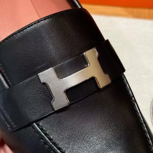 Hermes Paris Loafer Women Goatskin Sliver Buckle Noir H201199Z 01340 - Image 3